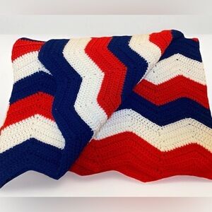Handmade Crochet Chevron Afghan Blanket Red, White & Blue USA 6’ X 4’